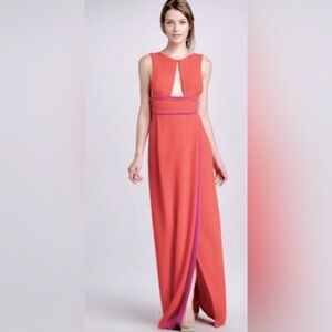 BCBGMaxAzria Sleeveless Blake Gown w Keyhole Bodice Color Block Poppy & Lilac.